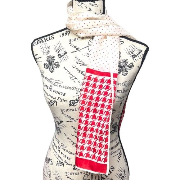 Vintage Red & White Polka Dot Houndstooth Scarf Long Rectangle Wrap Head Cover - Picture 1 of 3